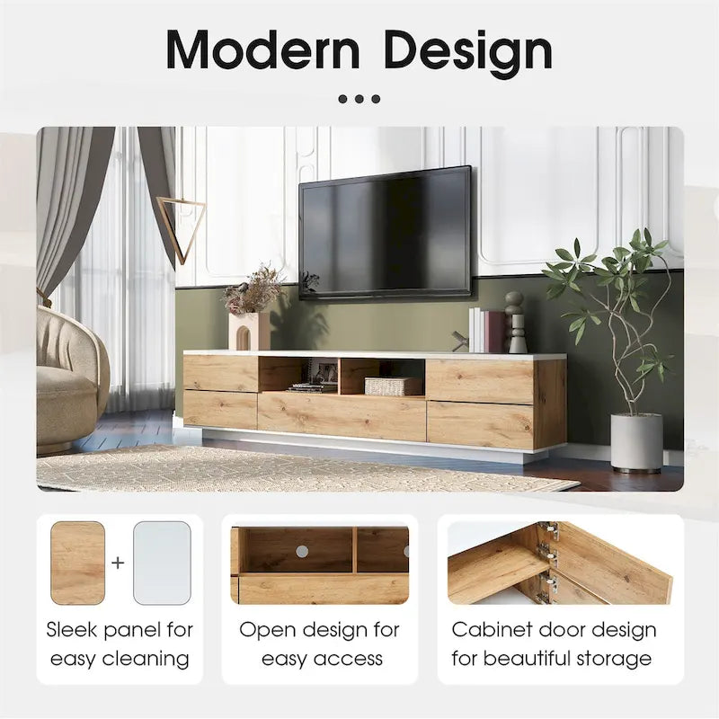 Meuble TV style moderne blanc/naturel pour téléviseurs jusqu'à 80 po
