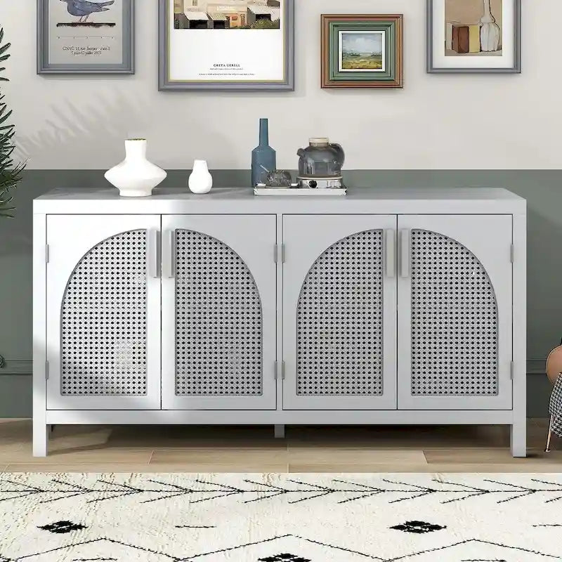 Buffet à 2 portes gris / blanc / noir avec façades en rotin, simple