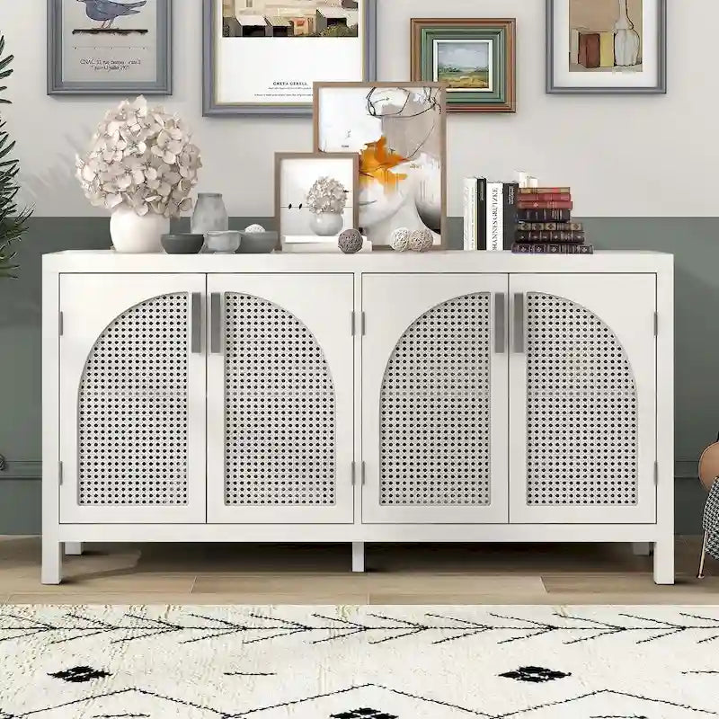 Buffet à 2 portes gris / blanc / noir avec façades en rotin, simple