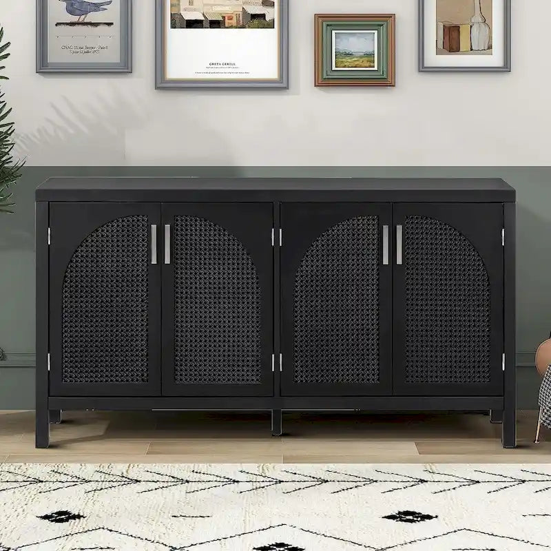 Buffet à 2 portes gris / blanc / noir avec façades en rotin, simple