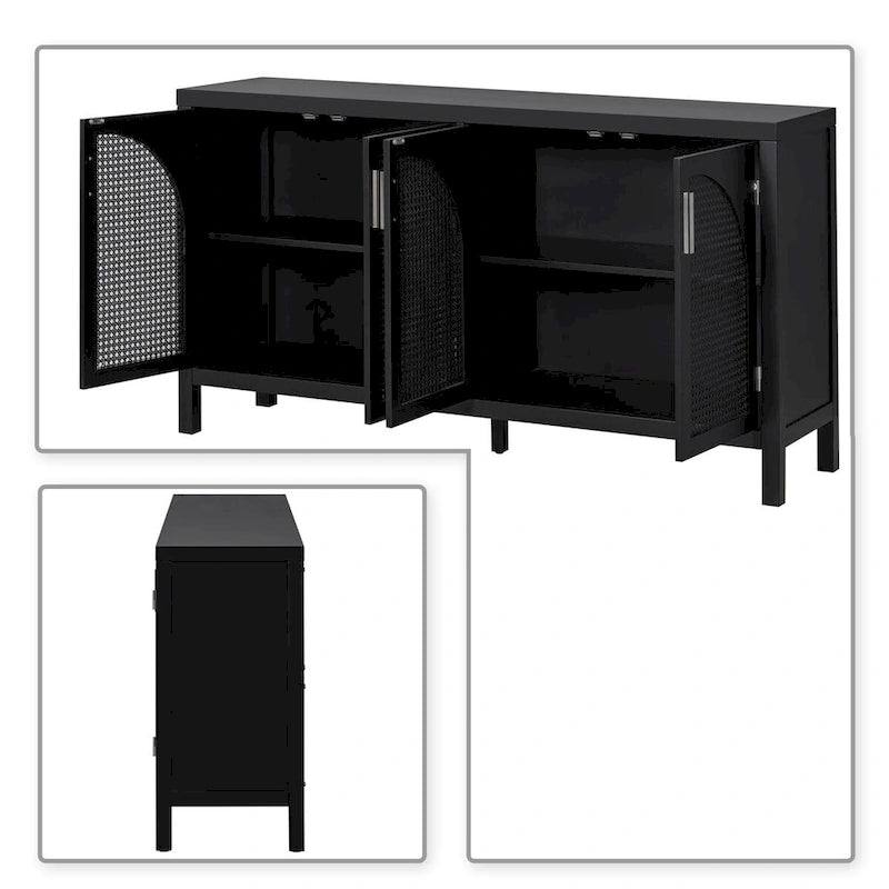 Buffet à 2 portes gris / blanc / noir avec façades en rotin, simple