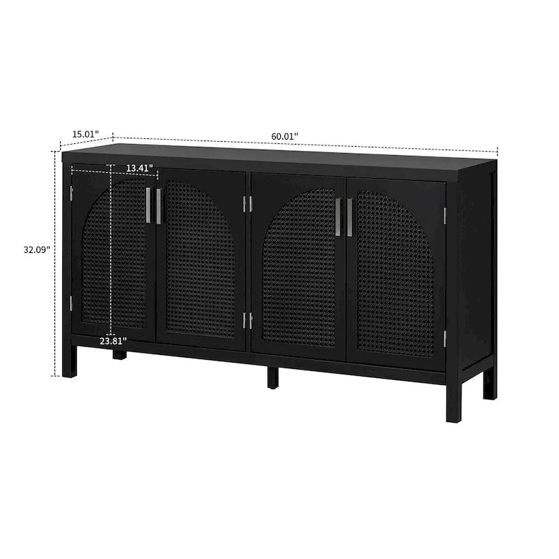 Buffet à 2 portes gris / blanc / noir avec façades en rotin, simple