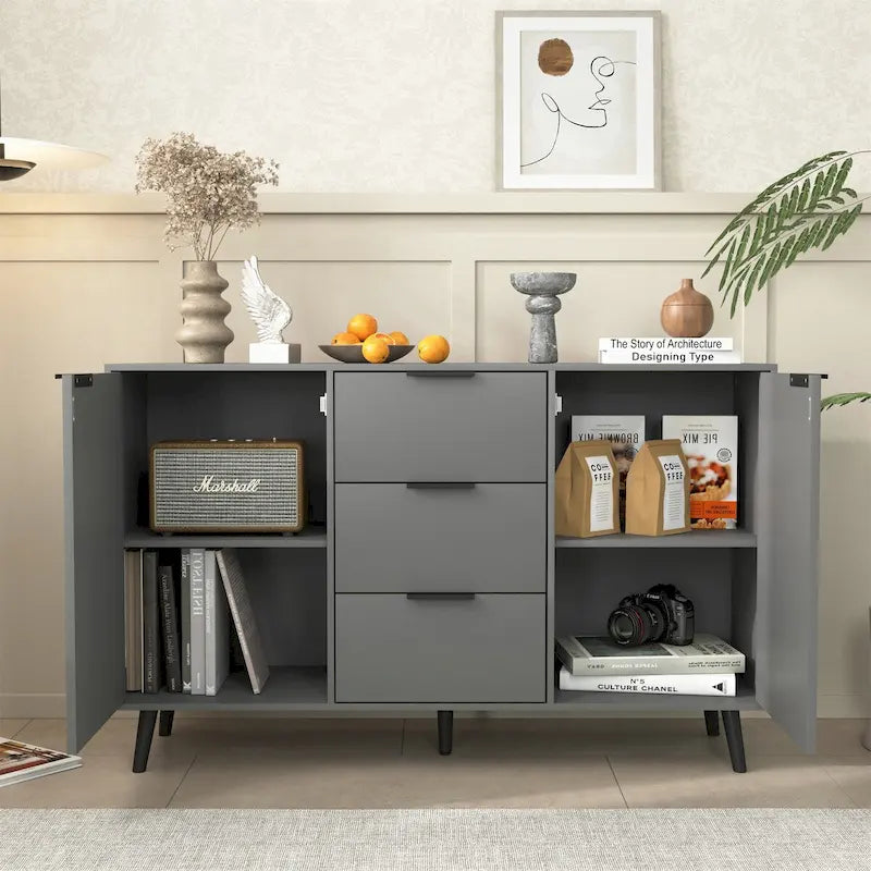 Buffet gris et bois naturel, 3 tiroirs et 2 portes, 1 place assise