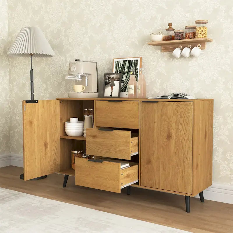 Buffet gris et bois naturel, 3 tiroirs et 2 portes, 1 place assise