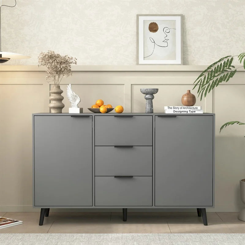 Buffet gris et bois naturel, 3 tiroirs et 2 portes, 1 place assise