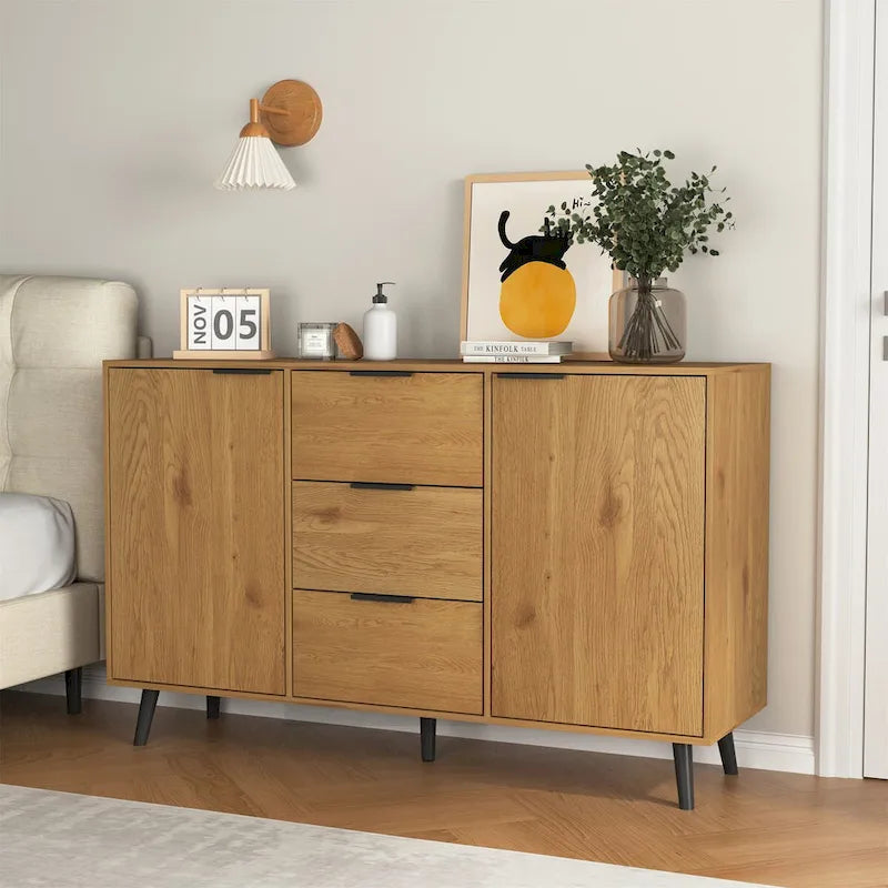 Buffet gris et bois naturel, 3 tiroirs et 2 portes, 1 place assise