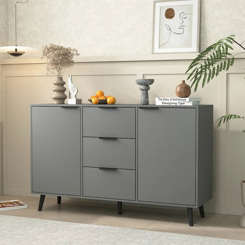 Buffet gris et bois naturel, 3 tiroirs et 2 portes, 1 place assise