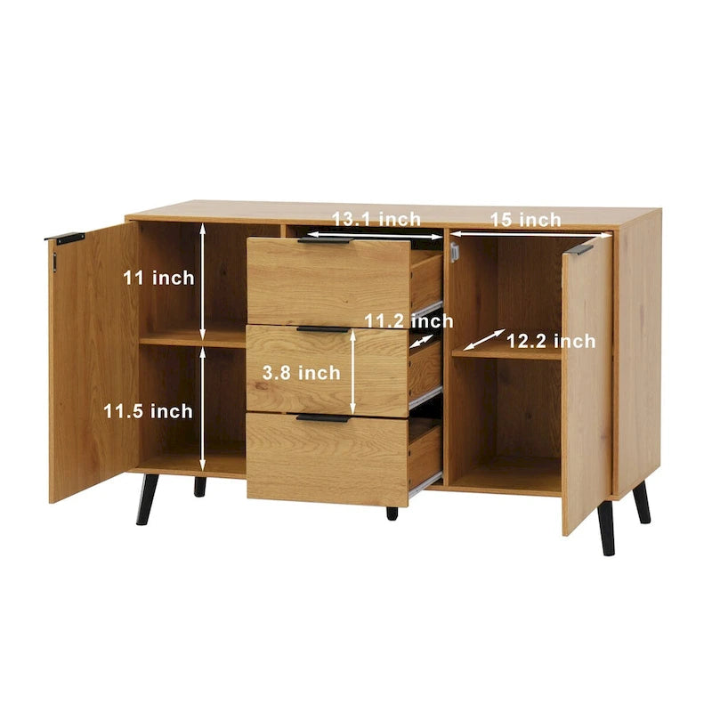 Buffet gris et bois naturel, 3 tiroirs et 2 portes, 1 place assise
