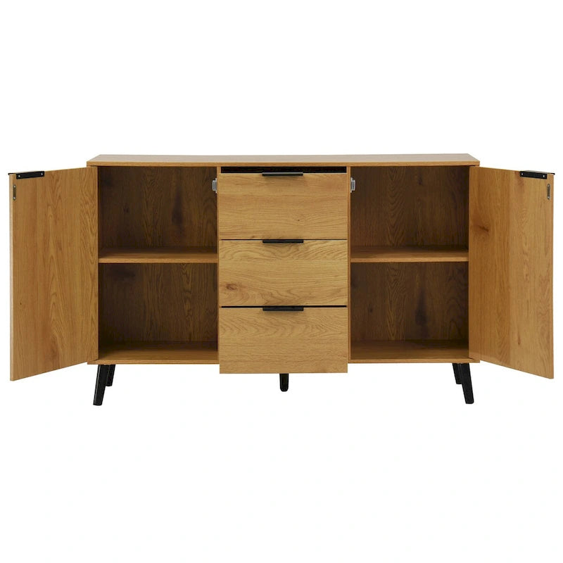 Buffet gris et bois naturel, 3 tiroirs et 2 portes, 1 place assise