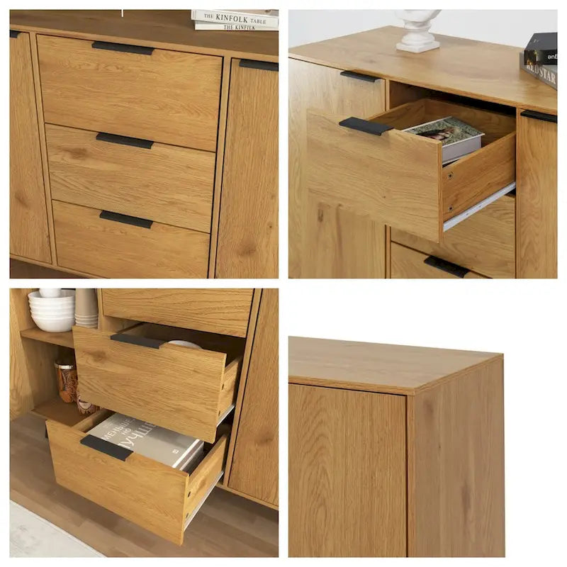 Buffet gris et bois naturel, 3 tiroirs et 2 portes, 1 place assise