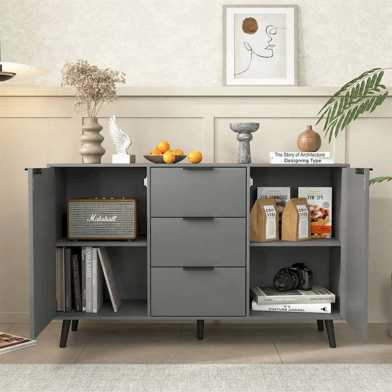 Buffet gris et bois naturel, 3 tiroirs et 2 portes, 1 place assise