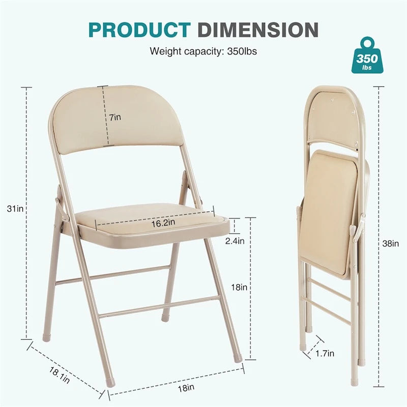 Chaise pliante rembourrée en similicuir PU kaki, structure en métal, lot de 2