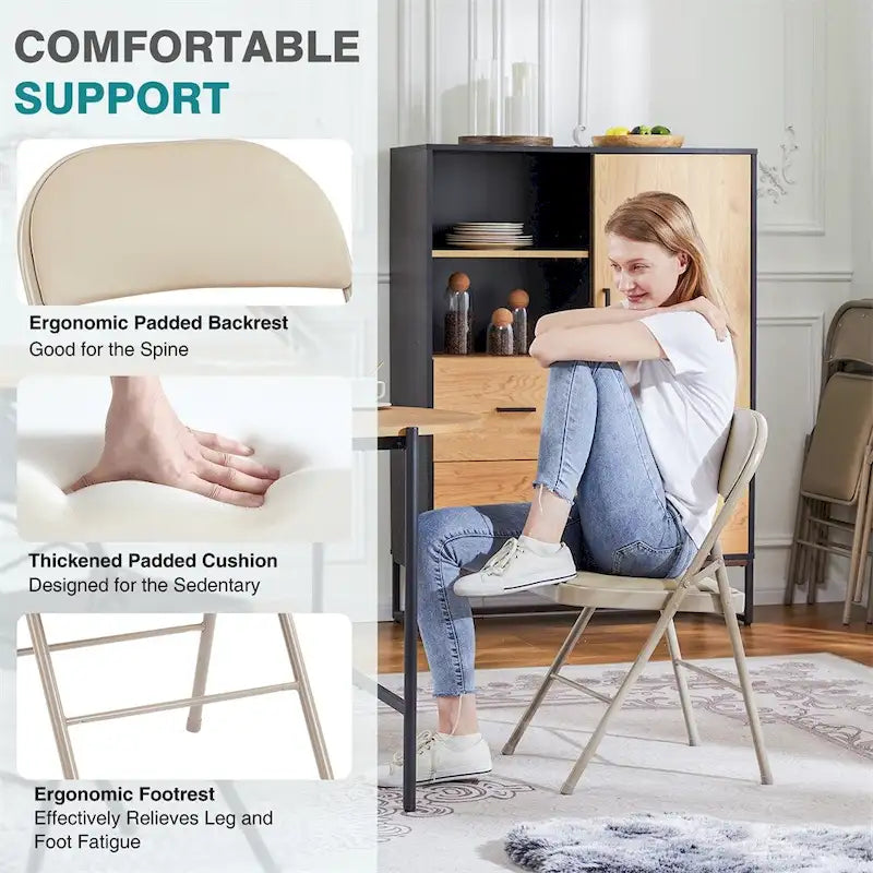Chaise pliante rembourrée en similicuir PU kaki, structure en métal, lot de 2