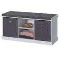 Banc de rangement gris avec 2 étagères, 2 paniers pliables et coussin, 1 personne