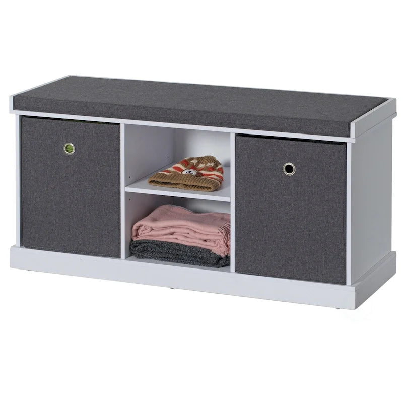 Banc de rangement gris avec 2 étagères, 2 paniers pliables et coussin, 1 personne