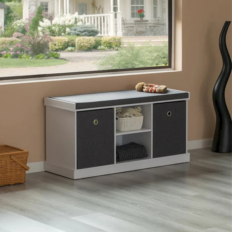Banc de rangement gris avec 2 étagères, 2 paniers pliables et coussin, 1 personne
