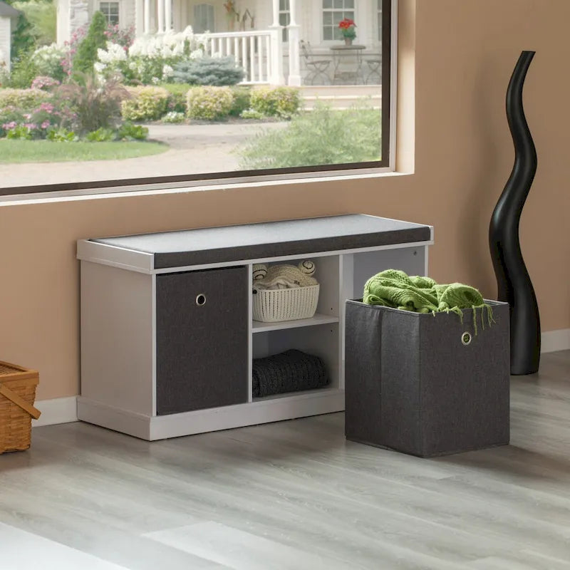 Banc de rangement gris avec 2 étagères, 2 paniers pliables et coussin, 1 personne