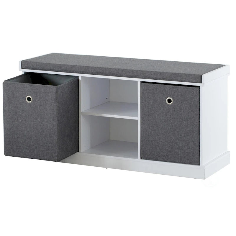 Banc de rangement gris avec 2 étagères, 2 paniers pliables et coussin, 1 personne