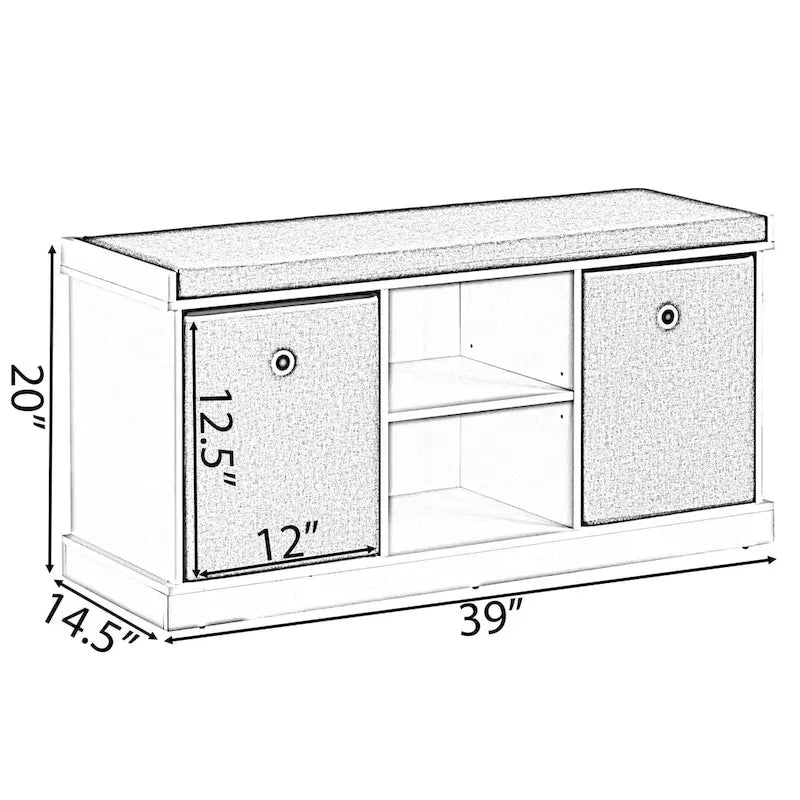 Banc de rangement gris avec 2 étagères, 2 paniers pliables et coussin, 1 personne