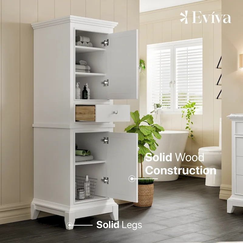 Meuble de rangement pour linge de maison sur pied en bois blanc avec portes à fermeture amortie
