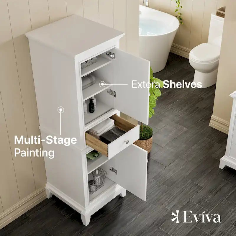 Meuble de rangement pour linge de maison sur pied en bois blanc avec portes à fermeture amortie