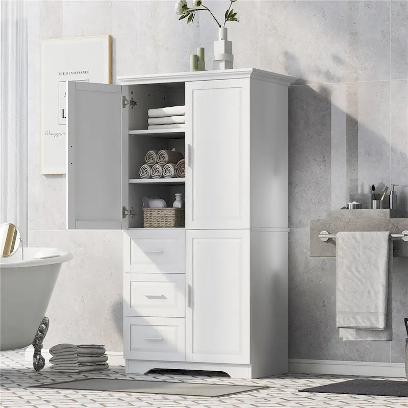 Meuble de rangement haut blanc/gris avec portes et 3 tiroirs, simple