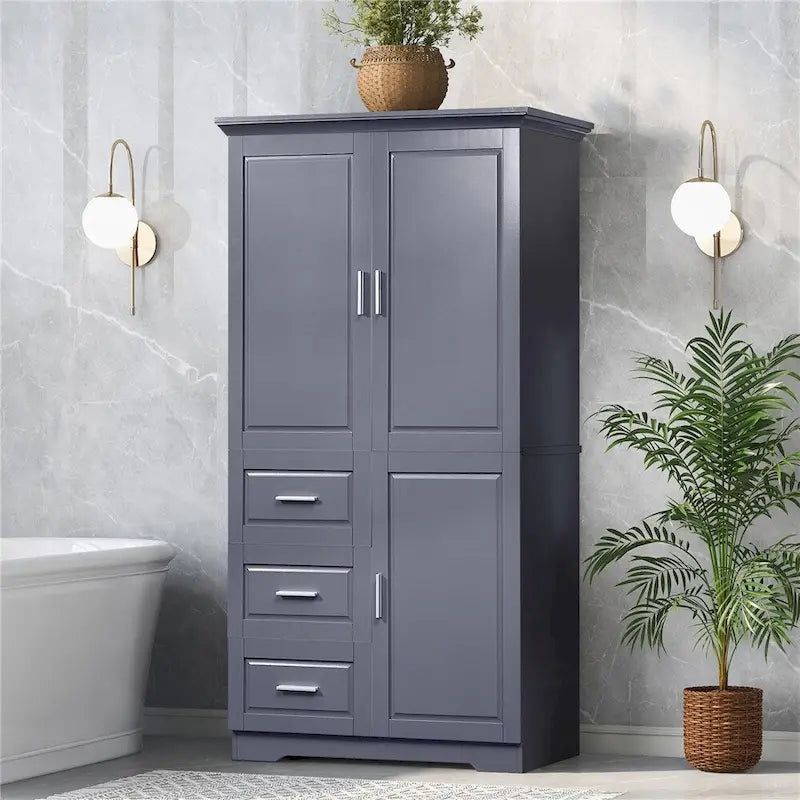 Meuble de rangement haut blanc/gris avec portes et 3 tiroirs, simple