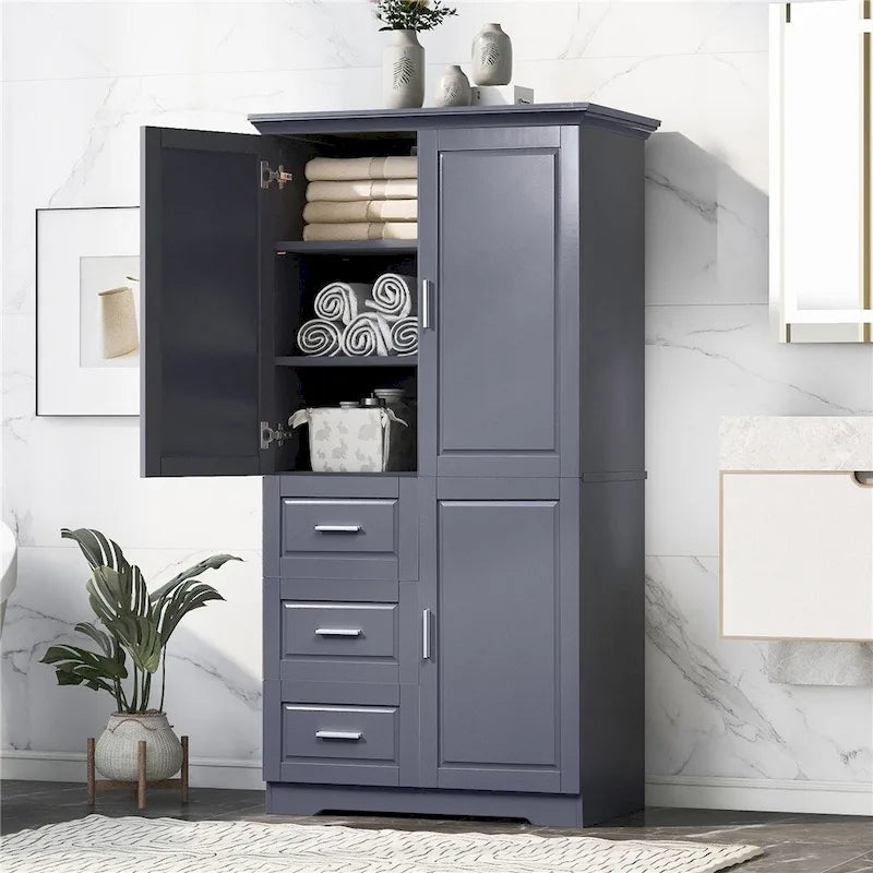 Meuble de rangement haut blanc/gris avec portes et 3 tiroirs, simple