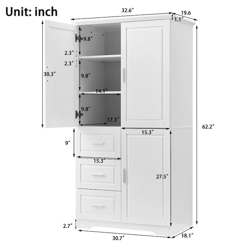 Meuble de rangement haut blanc/gris avec portes et 3 tiroirs, simple