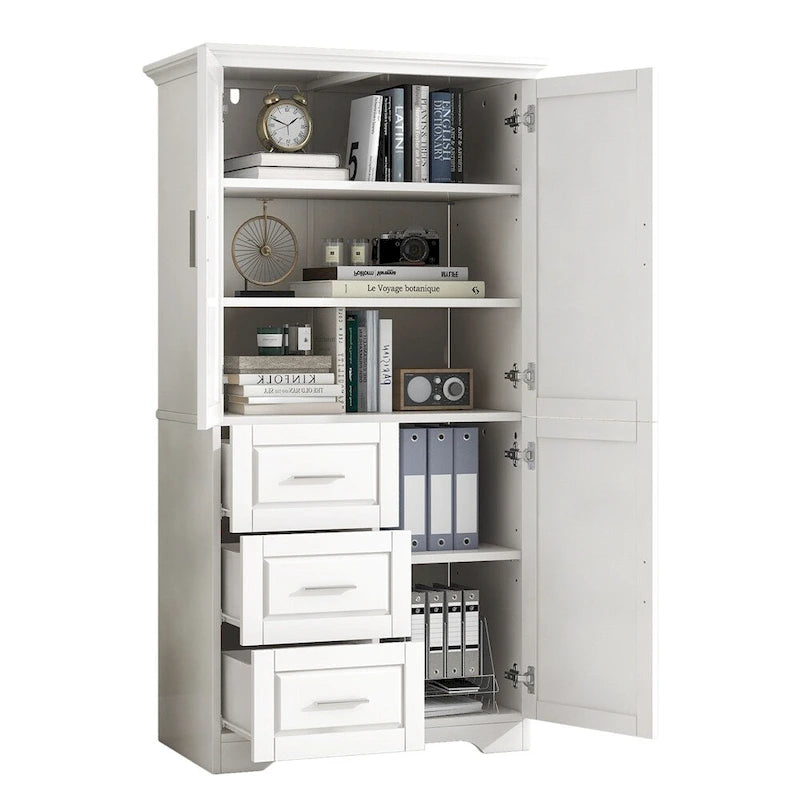 Meuble de rangement haut blanc/gris avec portes et 3 tiroirs, simple
