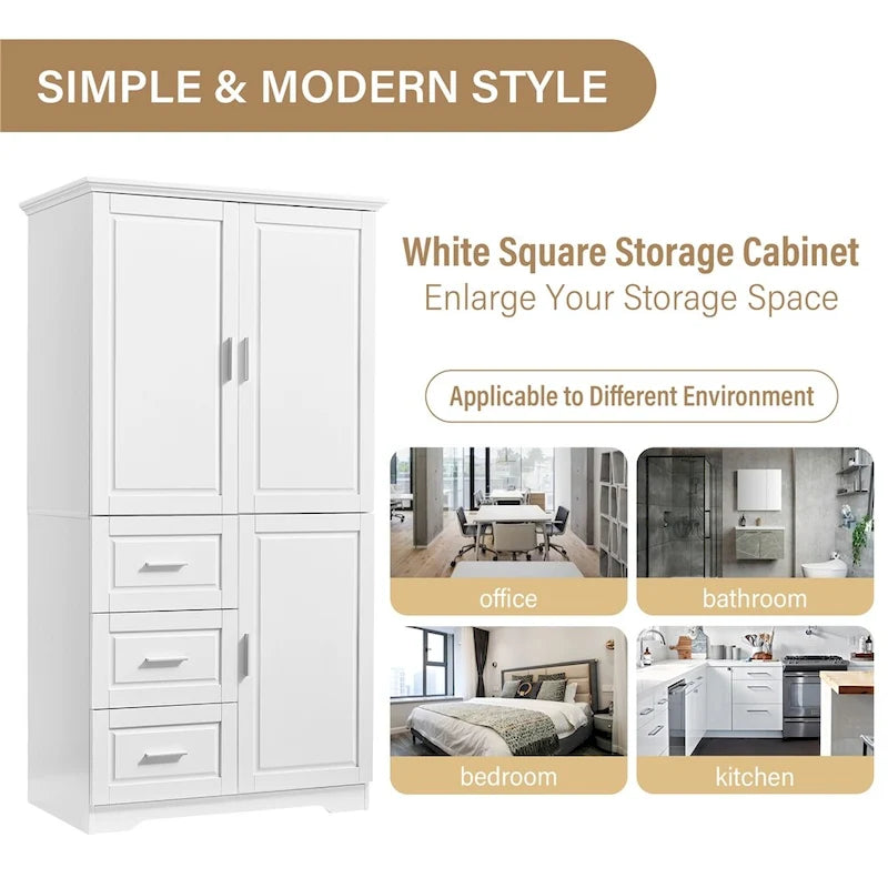 Meuble de rangement haut blanc/gris avec portes et 3 tiroirs, simple