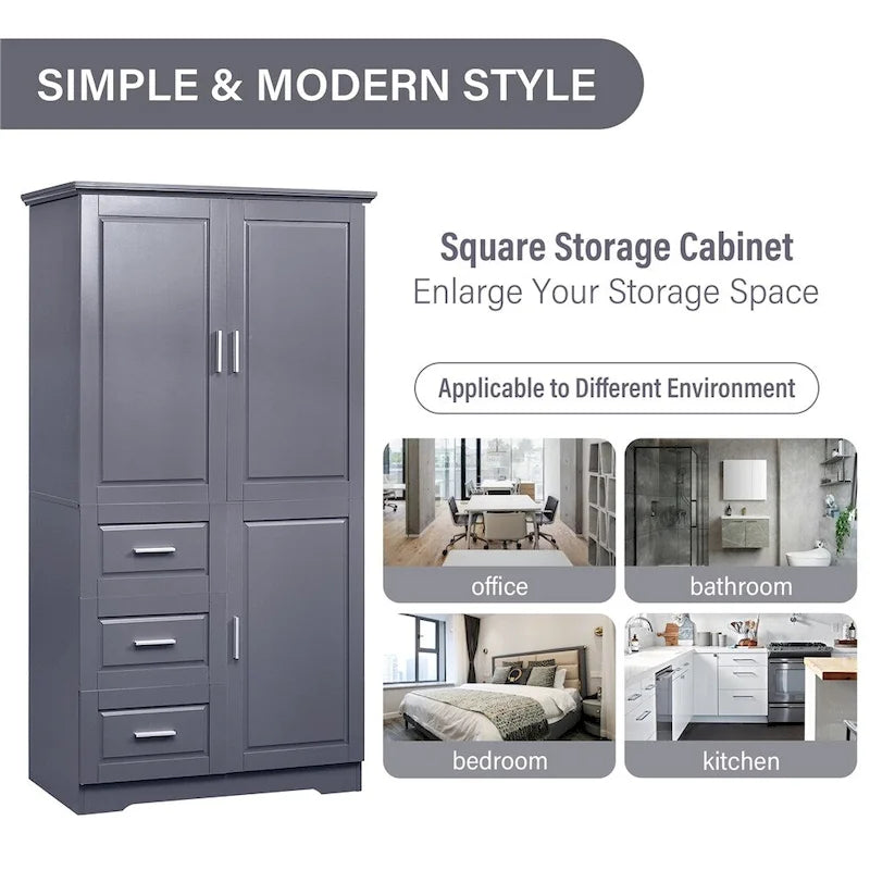 Meuble de rangement haut blanc/gris avec portes et 3 tiroirs, simple
