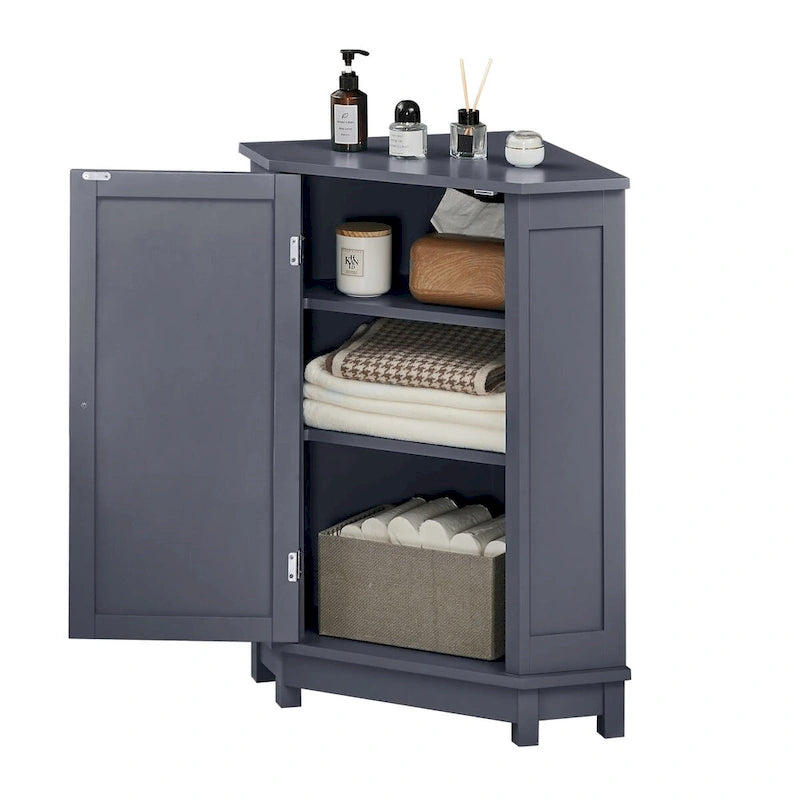 Meuble d'angle de rangement triangulaire Bleu / Blanc / Gris / Marron avec étagères réglables, MDF, assemblage par 1 personne