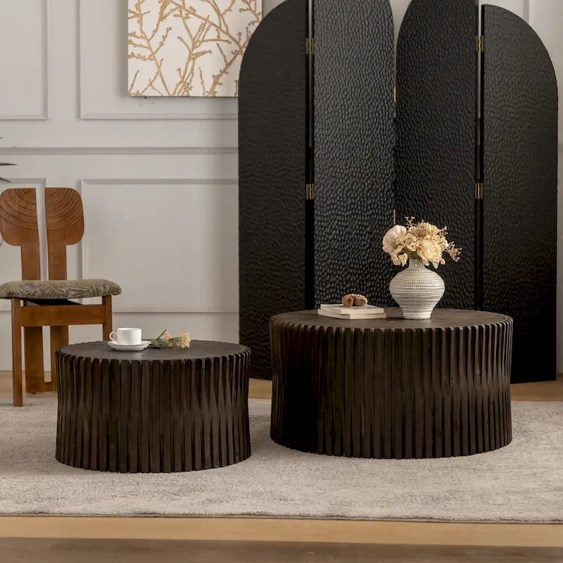 Table basse en bois gaufré vintage marron foncé/naturel, lot de 2