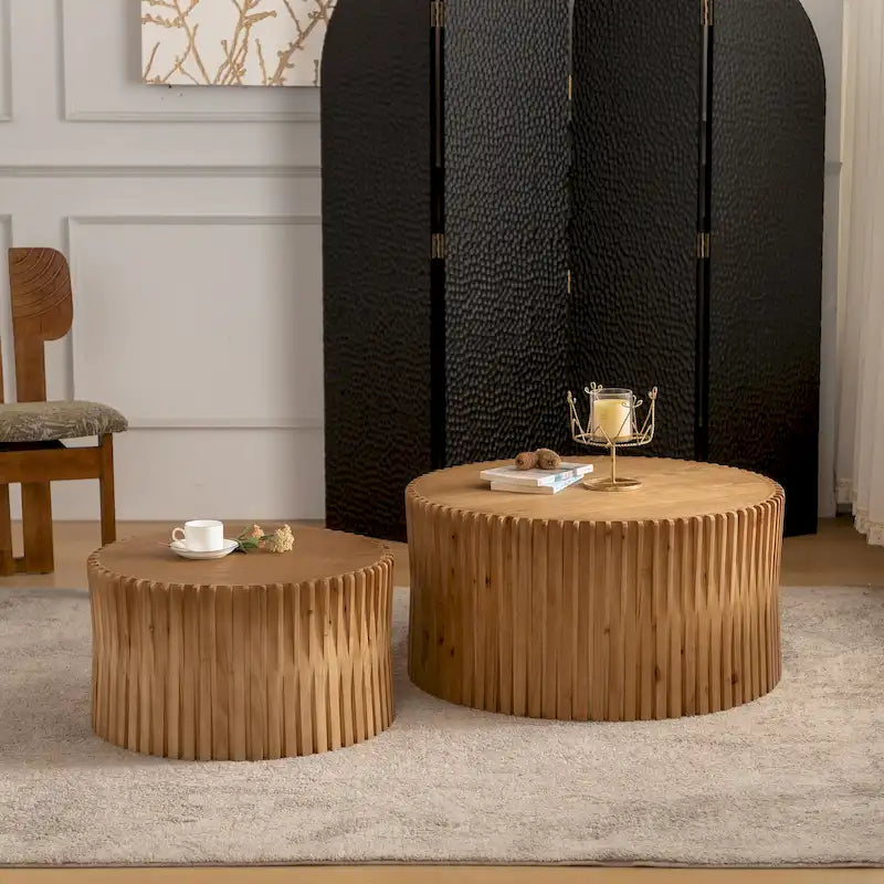 Table basse en bois gaufré vintage marron foncé/naturel, lot de 2