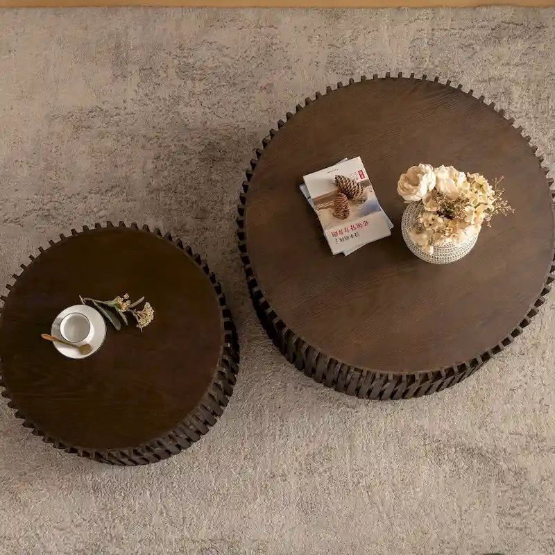 Table basse en bois gaufré vintage marron foncé/naturel, lot de 2