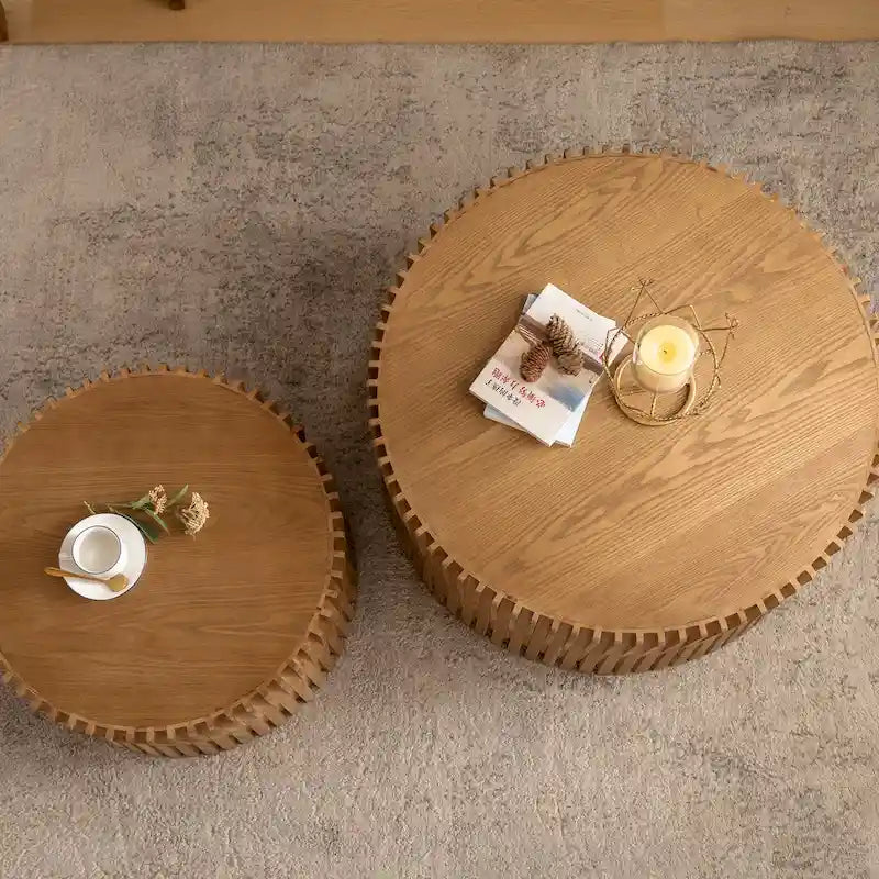 Table basse en bois gaufré vintage marron foncé/naturel, lot de 2