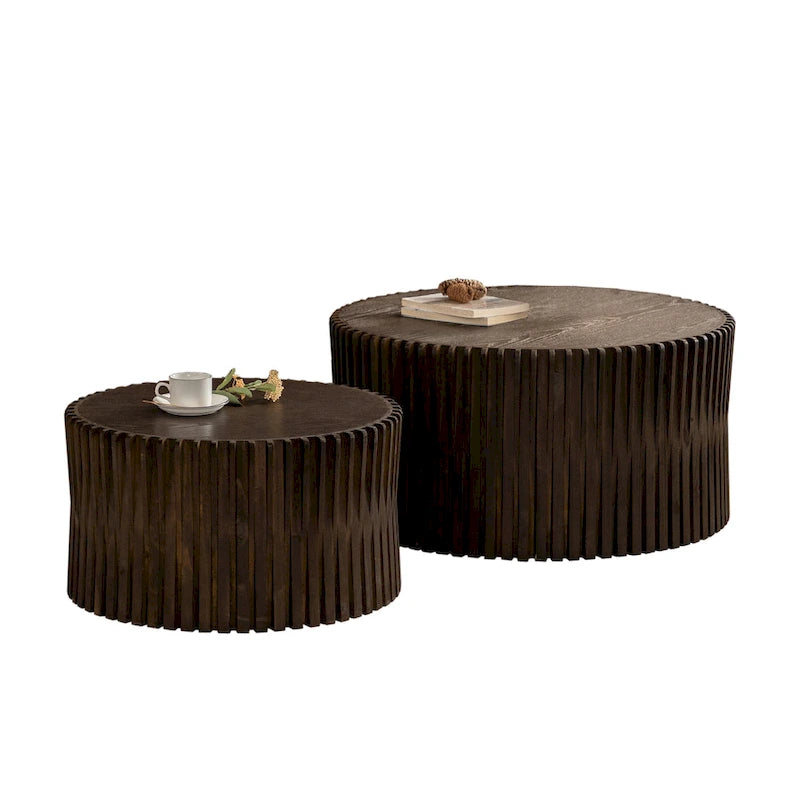 Table basse en bois gaufré vintage marron foncé/naturel, lot de 2