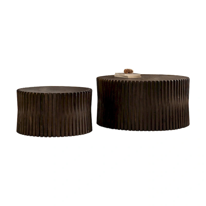 Table basse en bois gaufré vintage marron foncé/naturel, lot de 2