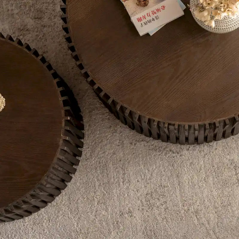 Table basse en bois gaufré vintage marron foncé/naturel, lot de 2