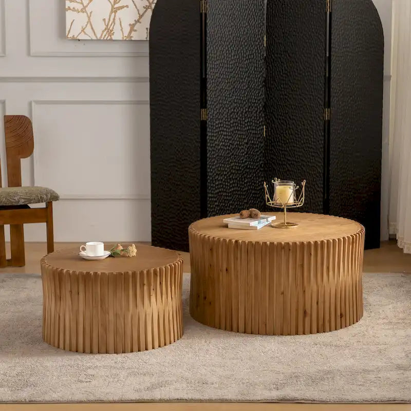 Table basse en bois gaufré vintage marron foncé/naturel, lot de 2