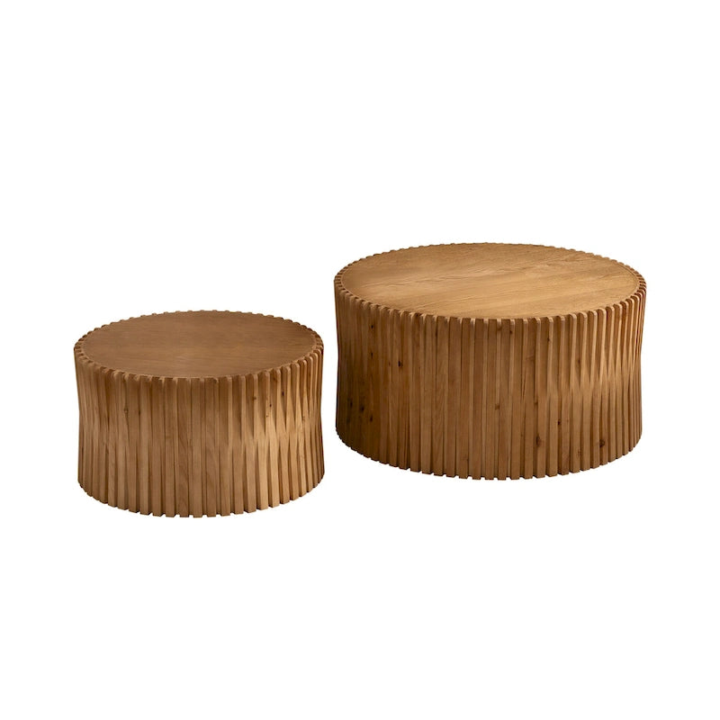 Table basse en bois gaufré vintage marron foncé/naturel, lot de 2