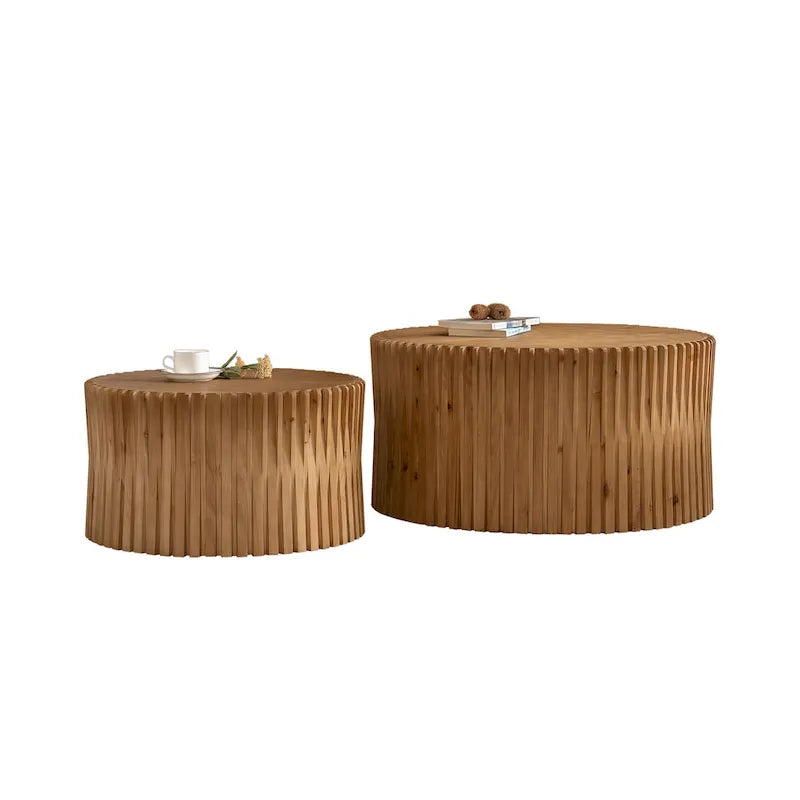 Table basse en bois gaufré vintage marron foncé/naturel, lot de 2
